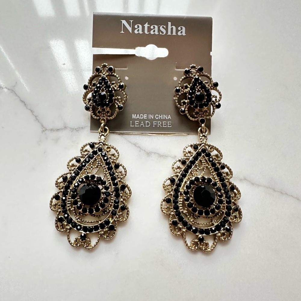 Natasha Couture Black and Gold Statement Earrings